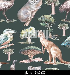 Animali Australia illustrazione grafica disegnata a mano koala ostrich emu isolato su sfondo bianco set Foto Stock