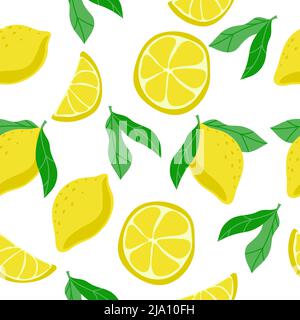 Motivi senza cuciture di limoni luminosi, elementi disegnati a mano. Estate. Limoni gialli con foglie su sfondo bianco. Limoni interi e metà. Limonata. Abito Illustrazione Vettoriale