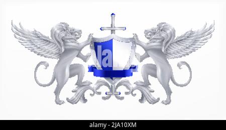 Shield araldico argento concetto con animali e spada realistica illustrazione vettoriale Illustrazione Vettoriale