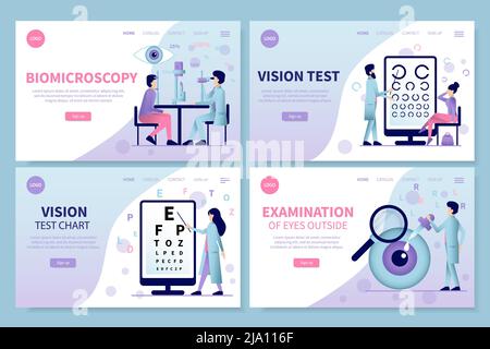 Schede per sito web di applicazione flat oftalmology Set di banner orizzontali con link cliccabili e illustrazione vettoriale dei caratteri del medico Illustrazione Vettoriale