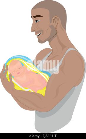 Illustrazione di un padre felice con un bambino. Il papà felice tiene il suo neonato tra le braccia. I suoi occhi sono in lacrime di felicità. Buon giorno del Padre. Regno Unito Illustrazione Vettoriale