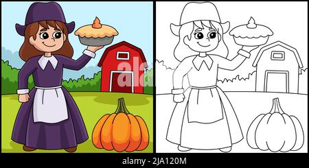 Illustrazione di Thanksgiving Pilgrim Girl Holding Pie Illustrazione Vettoriale