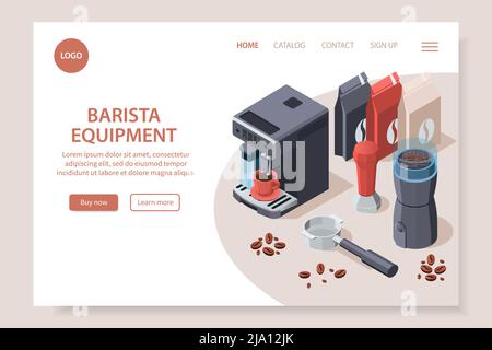 Barista professionista macchina caffè pagina isometrica sito web con pulsanti clickable link e testo modificabile con immagini vettoriali illustrazione Illustrazione Vettoriale