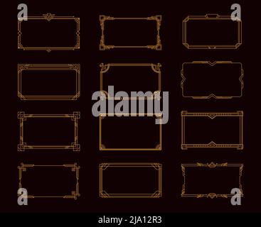 Art deco vintage Style 12 oro eleganti cornici decorative modelli set sfondo nero retro illustrazione vettoriale Illustrazione Vettoriale
