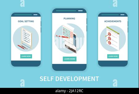 Crescita personale self sviluppo banner verticali insieme con icone isometriche di obiettivi di pianificazione obiettivi e illustrazione vettoriale elenco Illustrazione Vettoriale