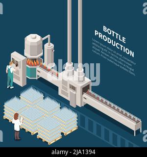 Produzione di vetro sfondo isometrico con composizione di testo modificabile della linea di trasporto industriale e illustrazione vettoriale lavoratori Illustrazione Vettoriale