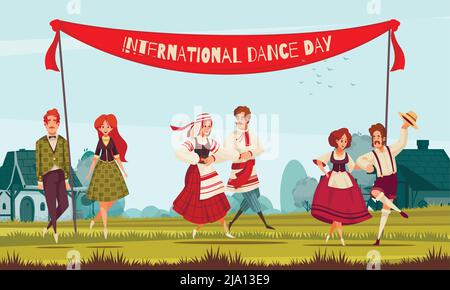 Giornata internazionale di danza con gruppo di persone in vari costumi nazionali danzanti all'aperto in stile country illustrazione vettoriale Illustrazione Vettoriale