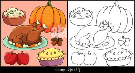 Thanksgiving Feast colorazione pagina Illustrazione Illustrazione Vettoriale