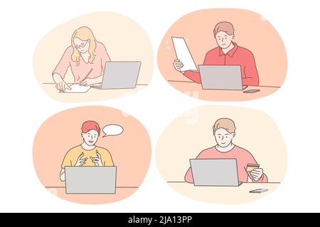 Comunicazione online, elearning, lavoro a distanza, concetto online a pagamento. Giovani donne e uomini seduti e al lavoro, studiando, ordinando le cose e chattando online su notebook da casa o in ufficio Illustrazione Vettoriale
