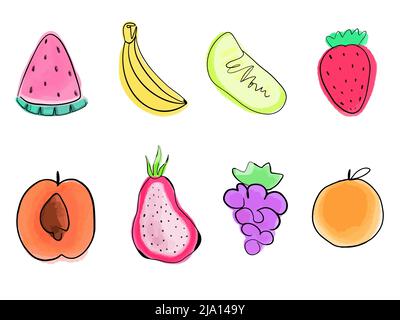 Collezione vettoriale di frutti tropicali dipinti in acquerello con contorno nero. Illustrazione Vettoriale