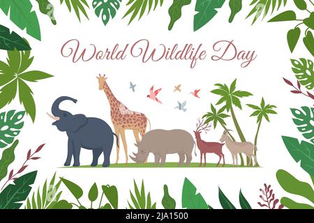 World Wildlife giorno carta composizione piatta con testo ornato cornice floreale e uccelli esotici con animali illustrazione vettoriale Illustrazione Vettoriale