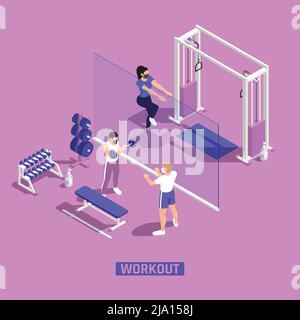 Palestra fitness workout centra corona pandemic precauzioni barriere di plastica chiaro persone che indossano maschere composizioni isometriche illustrazione vettoriale Illustrazione Vettoriale