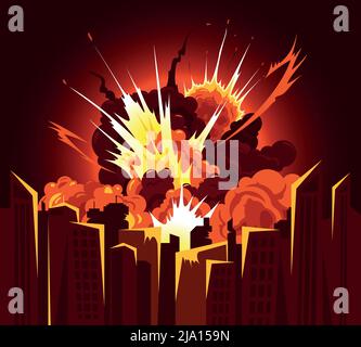 Bomba atomica esplosione bang producendo fuoco detriti nuvole con calore luminoso bagliore colori cityscape sfondo illustrazione vettoriale Illustrazione Vettoriale