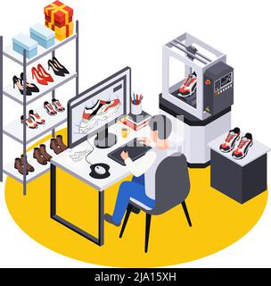 Produzione calzature composizione isometrica con vista dei designer luogo di lavoro con computer e scarpe su scaffali illustrazione vettoriale Illustrazione Vettoriale