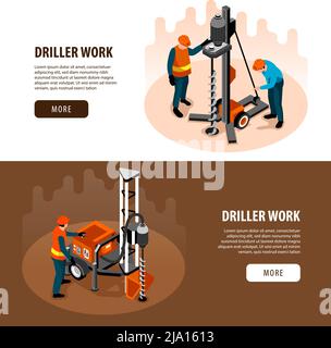 Macchinario di lavoro dell'ingegnere del perforatore 2 striscioni orizzontali isometrici con illustrazione vettoriale di supervisione del processo di perforazione del pozzo Illustrazione Vettoriale