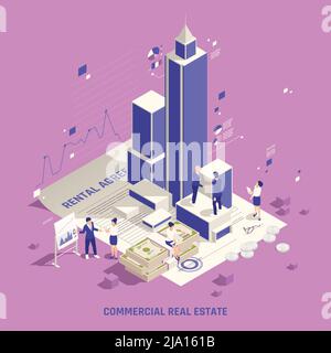 Investimento redditizio in immobili commerciali uffici business edifice torre affitto reddito isometrico composizione vettoriale illustrazione Illustrazione Vettoriale