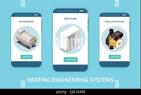 Sistema di ingegneria del riscaldamento Set di banner verticali isometrici con pompa di calore e circolazione di caldaia a vapore 3d illustrazione vettoriale isolata Illustrazione Vettoriale