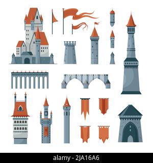 Icone piatte serie di torri medievali castello bandiere isolato su sfondo bianco illustrazione vettoriale Illustrazione Vettoriale