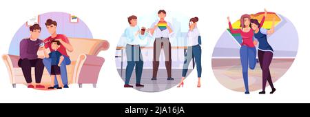 Composizioni piatte LGBT set di personaggi con simboli arcobaleno illustrazione vettoriale isolata Illustrazione Vettoriale