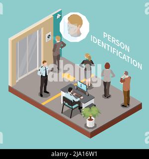 Composizione isometrica di autenticazione biometrica con area di controllo di sicurezza e persone in linea per l'illustrazione vettoriale del riconoscimento facciale Illustrazione Vettoriale