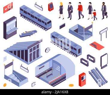 Metropolitana stazioni di ingresso cancello di uscita scale scale mobili treno carrozza ferroviaria persone isometrica set vettoriale illustrazione Illustrazione Vettoriale