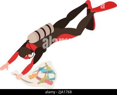 Composizione isometrica dell'inquinamento dell'oceano con carattere di subacqueo galleggiante che raccoglie i rifiuti su sfondo bianco illustrazione vettoriale Illustrazione Vettoriale