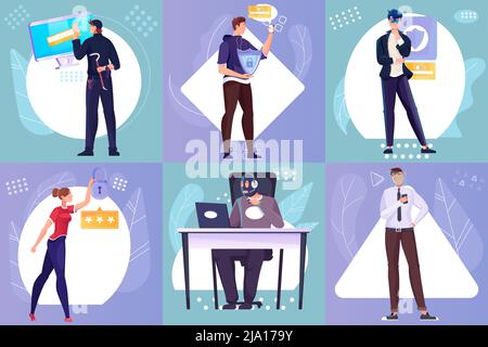 Set di composizioni piatte con informazioni personali protette e illustrazioni vettoriali isolate dagli hacker Illustrazione Vettoriale