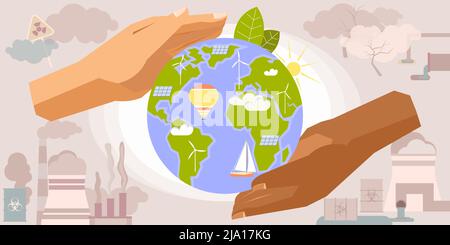 Protezione ambientale composizione delle mani con due mani umane di colore che tiene globo terra con illustrazione vettoriale di energia alternativa Illustrazione Vettoriale