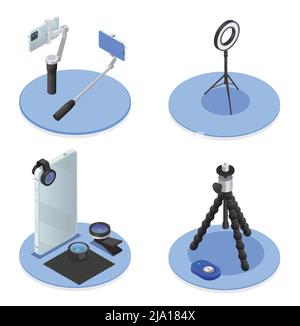 Set isometrico di tecniche di fotografia e di ripresa video su supporti tondi blu illustrazione vettoriale isolata Illustrazione Vettoriale