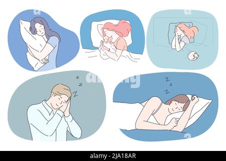 Sonno, relax e riposo confortevole concetto. Le giovani donne e l'uomo da soli o con il bambino che napping e dorme in diverse pose in letti con cuscini sotto coperte illustrazione vettoriale Illustrazione Vettoriale