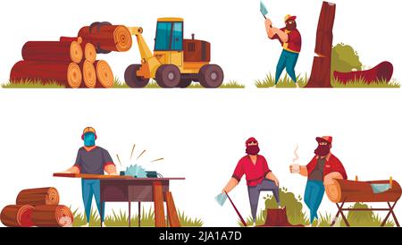 Lumberjack Concept 4 cartoon Compositions logger abbattimento albero con assi segare legno log maneggio macchinari illustrazione vettoriale Illustrazione Vettoriale