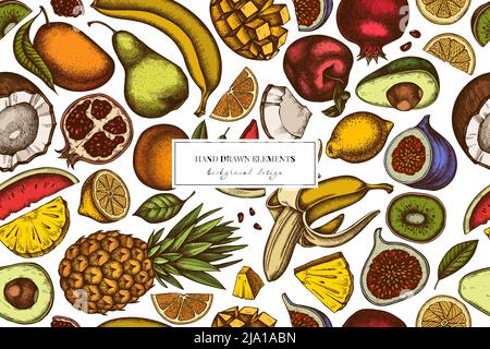 Fruits design di fondo senza cuciture. Stile inciso. Banane, pere, kiwi, ecc. sfilati a mano Illustrazione Vettoriale