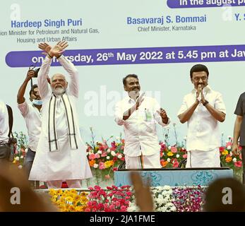 Chennain, India, 26th maggio 2022: Primo Ministro dell'India Narendra modi durante la posa della Fondazione e l'inaugurazione di progetti infrastrutturali a theTune del 31580/- su Ferrovie, autostrade nazionali, oleodotti e progetti di edilizia, a Chennai Giovedi. Seshadri SUKUMAR Foto Stock