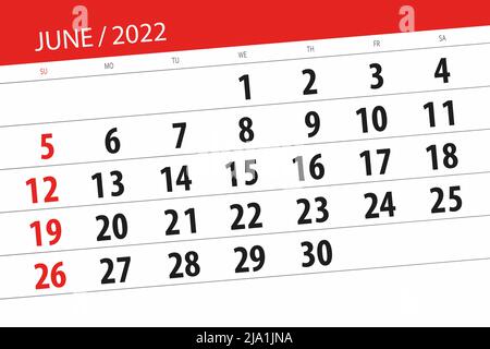 Calendario per il mese 2022 giugno, data di scadenza. Foto Stock