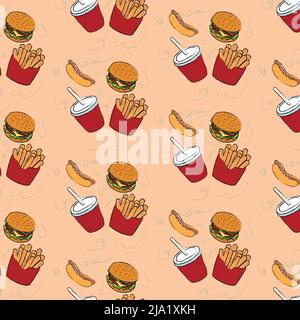 Fast food senza cuciture pattern . hamburger, patatine fritte, hot dog e un bicchiere di drink.Vector illustrazione Illustrazione Vettoriale