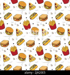 Fast food senza cuciture pattern. Hamburger, patatine fritte, hot dog, pizze, un bicchiere di illustrazione drink.Vector Illustrazione Vettoriale