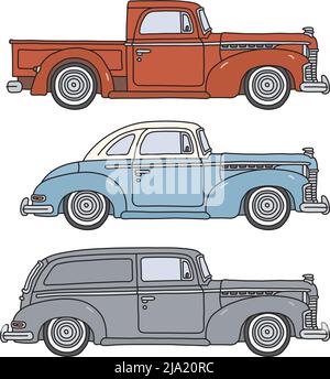 Il disegno a mano vettorizzato di tre auto retrò americane Illustrazione Vettoriale