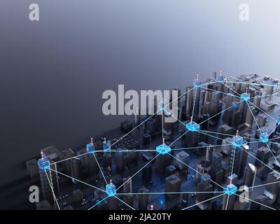 Città moderna e futuristica. Internet, concetto di reti decentralizzate. Sfondo astratto. Rendering digitale 3D. Foto Stock
