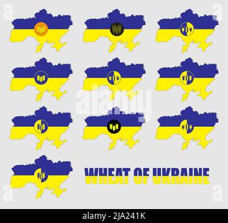 Set di icone di grano sulla mappa dell'Ucraina nei colori della bandiera nazionale. Iscrizione grano di Ucraina. Illustrazione. Illustrazione Vettoriale