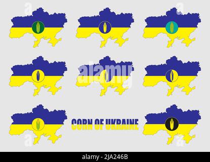 Serie di icone di pannocchie di mais sulla mappa dell'Ucraina nei colori della bandiera nazionale. Iscrizione Corn di Ucraina. Illustrazione. Illustrazione Vettoriale