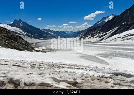 Vista da Jungfraufirn a Konkordiaplatz e il ghiacciaio Aletsch, Fiescher Gabelhorn sulla sinistra, Jungfraujoch, Grindelwald, Oberland Bernese Foto Stock