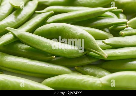 Primo piano di zucchero biologico fresco piselli a bottoncino o piselli a bottoncino. Sfondo vegetale con fuoco selettivo. Foto Stock