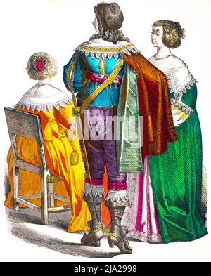 Muenchener Bilderbogen, costumi, Francia, primi del 17th secolo, nobili francesi, uomo, donna, gruppo, elegante, accappatoio, spada, sedia, ritratto, colorato Foto Stock