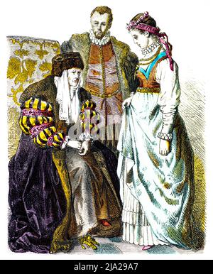 Monaco di Baviera foglio illustrato, costumi polacchi, 16th secolo, nobili polacchi in costume tradizionale di corte, uomo, donna, vecchio, giovane, costume Foto Stock