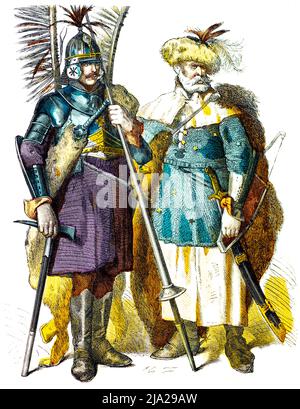 Foto di Monaco, costumi polacchi, 16th Century, lancer (sinistra), pilota blindato (destra), armi, cappellino, casco, lancia, spada, Polonia, ritratto Foto Stock