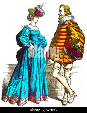 Monaco di Baviera foglio illustrato, costumi, inizio 17th secolo, nobili, uomo, donna, elegante, accappatoio, cappello, ritratto, illustrazione storica colorata Foto Stock