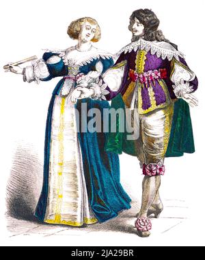 Muenchener Bilderbogen, costumi, Francia, primi del 17th secolo, nobili francesi, uomo, donna, elegante, accappatoio, ritratto, illustrazione storica colorata Foto Stock