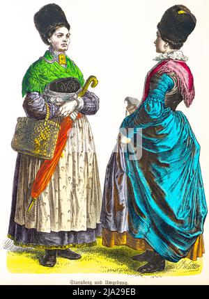 Muenchener Bilderbogen, Kostueme, Starnberg und Umgebung, Bayern, 19. Jahrhundert, Tracht, Regenschirm, Korb, Muetzen, Zwei Frauen Portraet Foto Stock