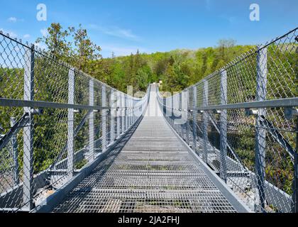 Una vista mozzafiato che si affaccia direttamente lungo il ponte sospeso di 300 piedi Ranney Gorge che attraversa il fiume Trent attraverso la foresta sull'altro lato. Foto Stock