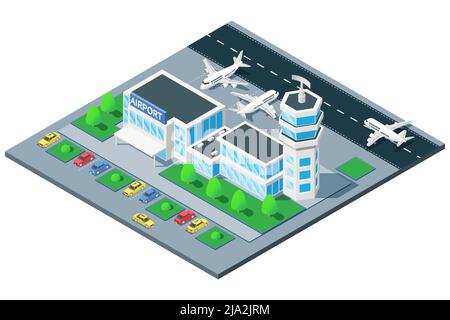 Terminal aeroportuale uccelli vista occhio composizione isometrica con controllo del traffico torre decollo aereo su pista vettore illustrazione Illustrazione Vettoriale